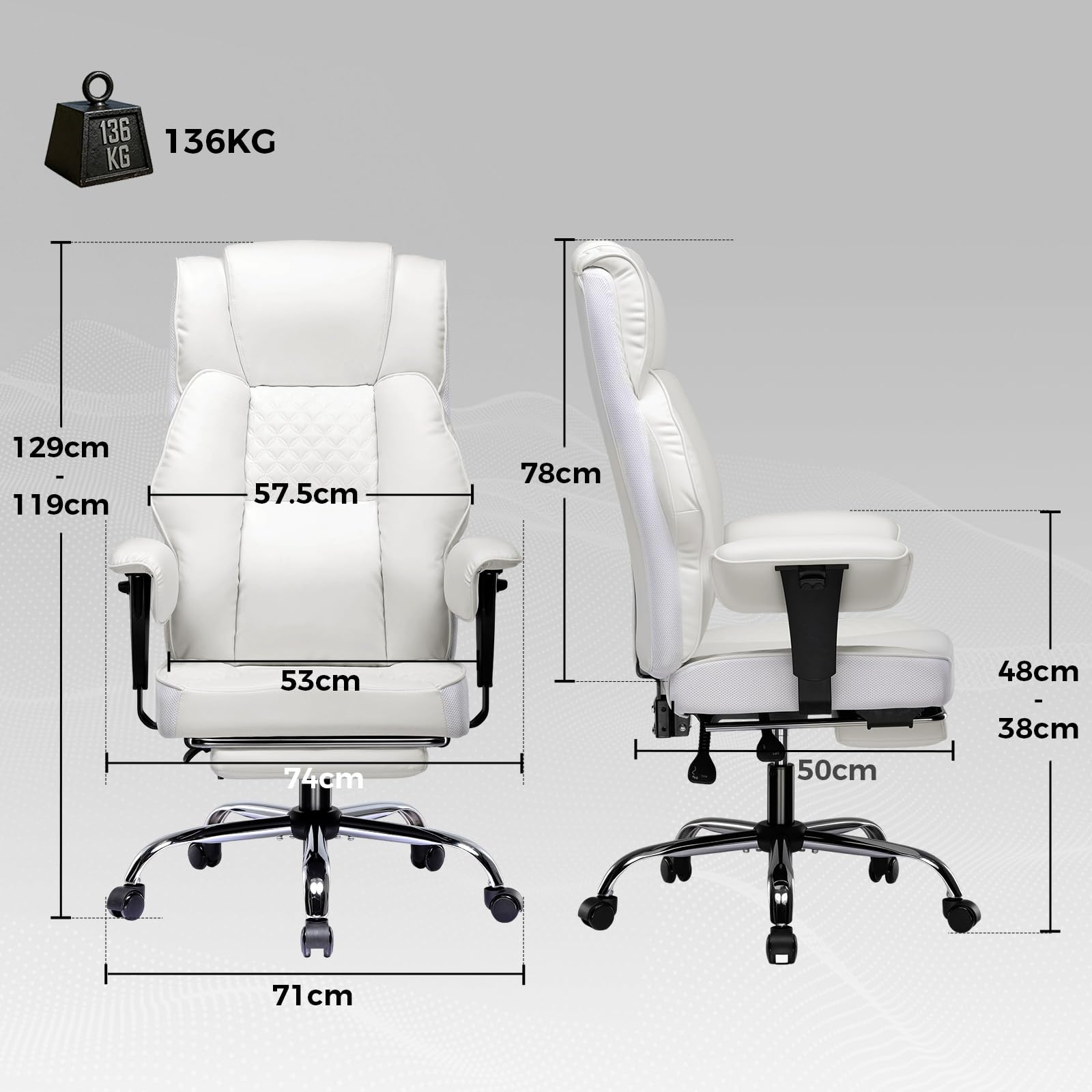 GTPLAYER Sedia da gaming, ampia sedia da ufficio con molla tascabile, sedia ergonomica per PC, regolabile e girevole con poggiapiedi, in ecopelle, 180 kg, bianco