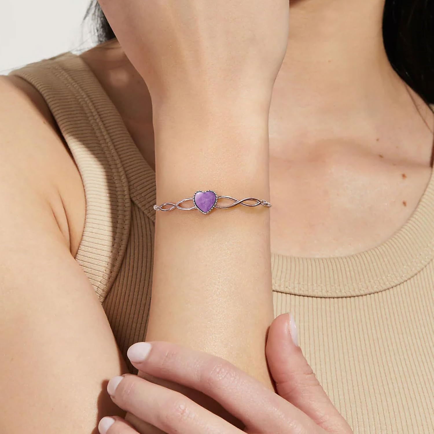 Genuine Heart Gemstone Adjustable Bracelet for Women with Infinity 925 Sterling Silver Box Chain Jewelry 6.5 to 7.5 Inch