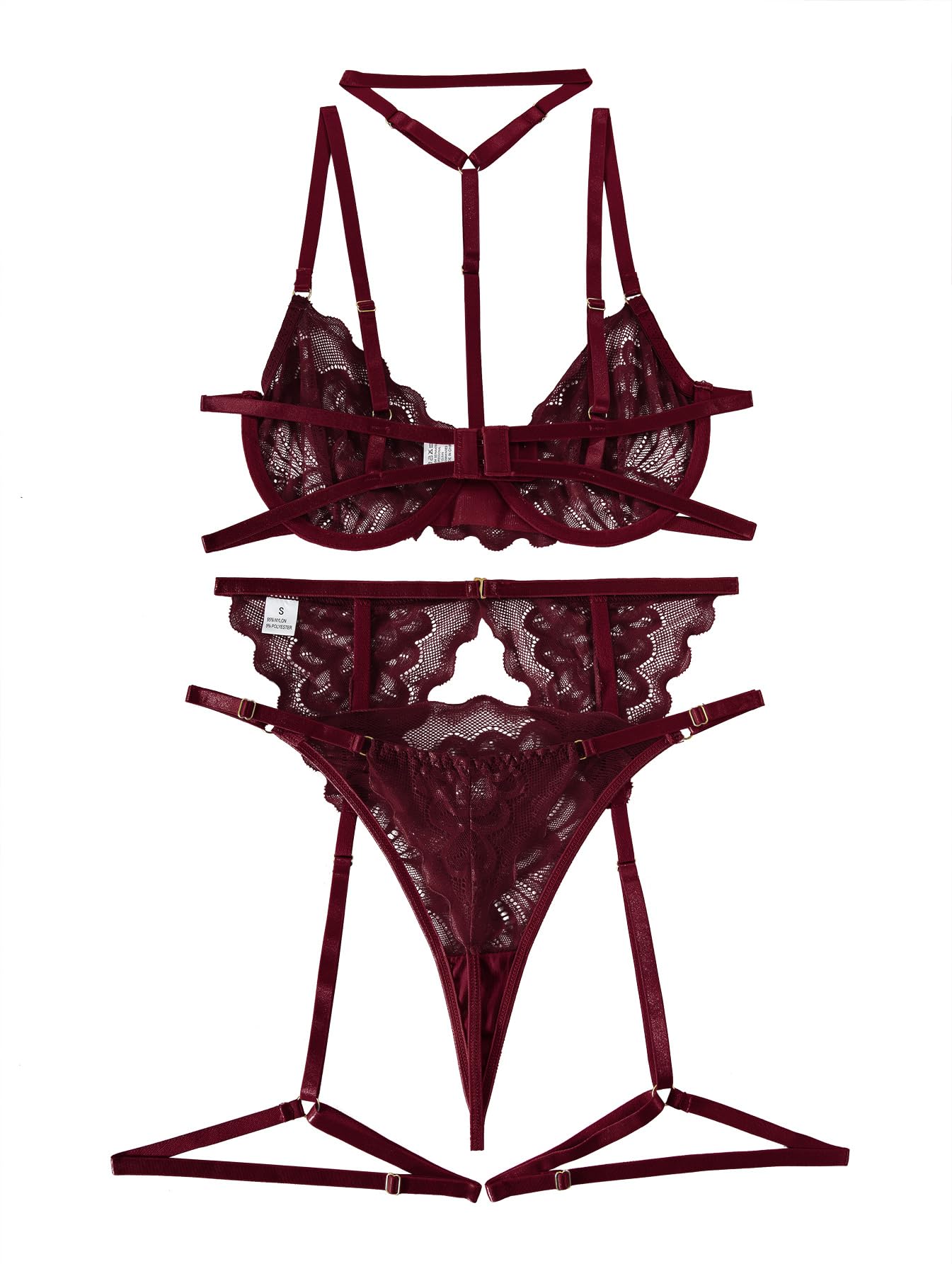 Lilosy Sexy Choker Floral Lace Scallop Sheer Underwire Push Up Garter Belt Lingerie Set 3 Piece: Large Burgundy Red
