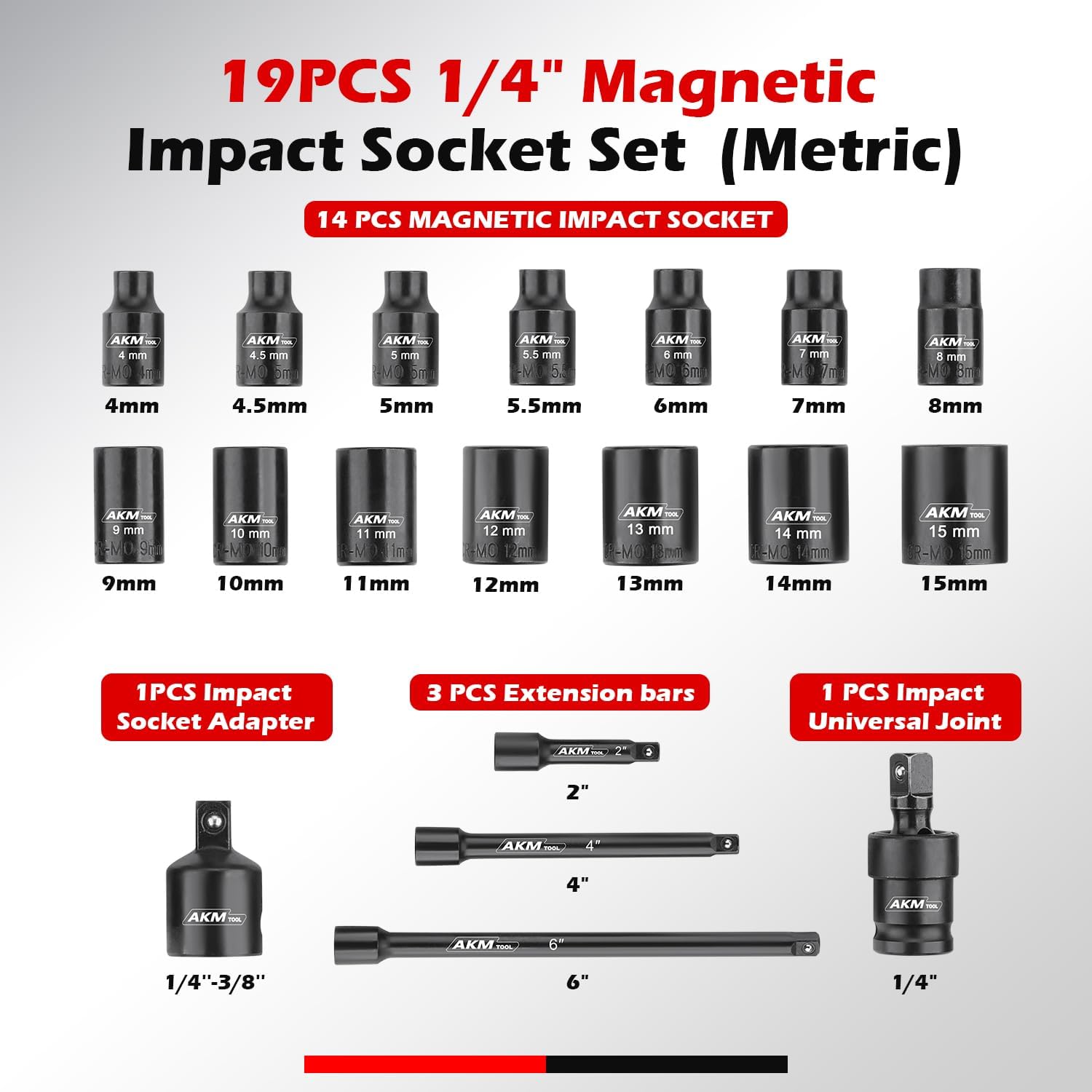 1/4 Inch Drive Magnetic Impact Socket Set, 19-Piece Metric, 4mm-15mm, 6 Point, Cr-Mo, Square Drive, Magnetic Socket with Adapter, Universal Joint & Extension
