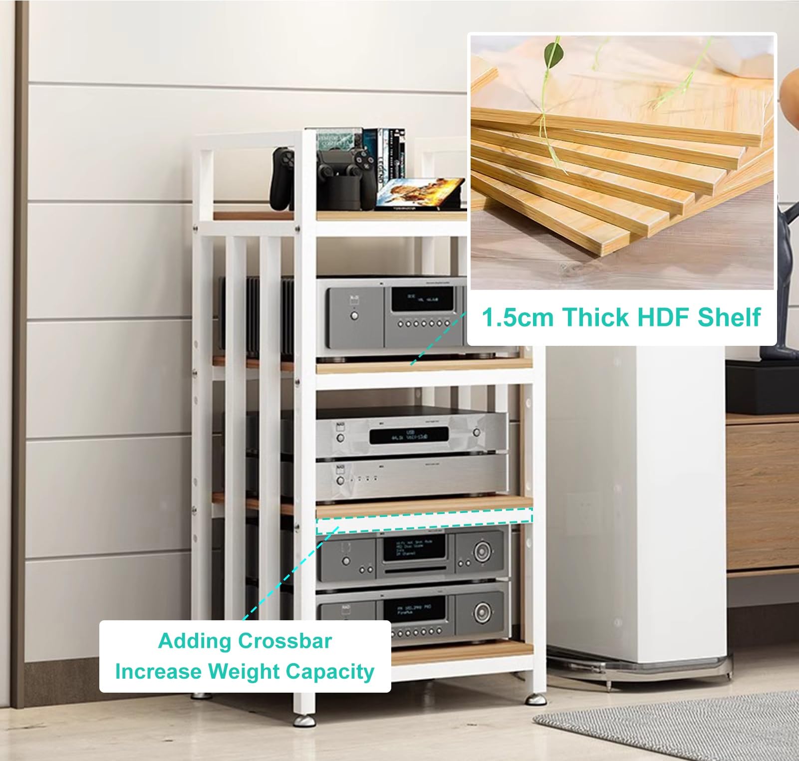Szafka na sprzęt audio, Stojak HiFi Rack na komponenty audio 4-poziomowy, stojak nośniki wideo do studia, regał sprzęt elektroniczny(Black Frame+wood Board)