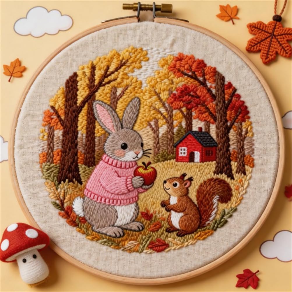 Meecaa Embroidery Kit Starter Set, Rabbit Squirrel Apple Hand Embroidery Set, Pattern Printed Cross Stitch Set for Beginner Adults, with Embroidery Hoop and Instructions (Rabbit)