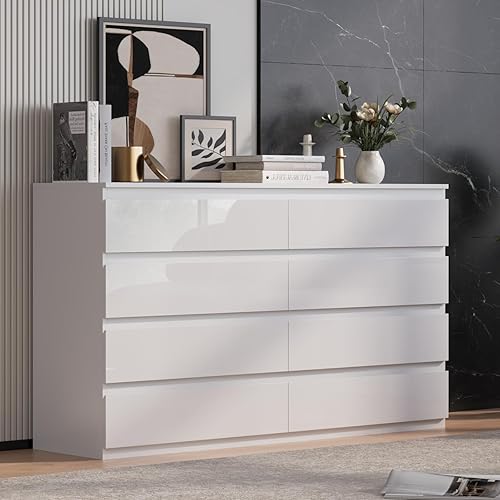 White 8 Drawer Dresser, Wood Dresser for Bedroom with Wide Drawers, 55" W x15.4 Dx32.3 H Modern Dressers, Wood Chest Drawers for Entryway|TV Stand|Clothes Storage