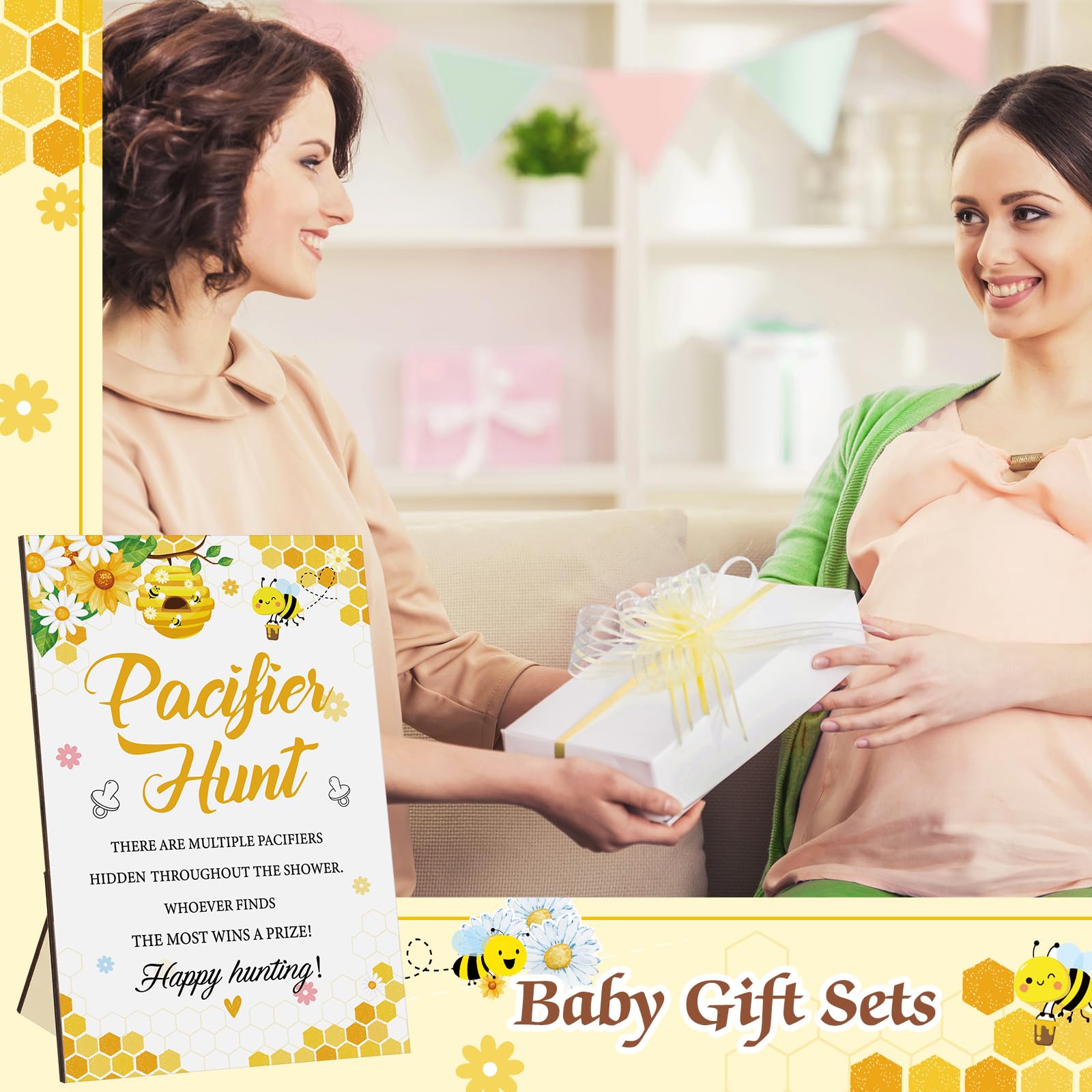 Thyle 51 juegos de caza de chupetes para baby shower, incluye letrero de caza de chupetes y 50 chupetes acrílicos para decoración de juegos de baby shower, juegos de regalo, decoración de fiesta de