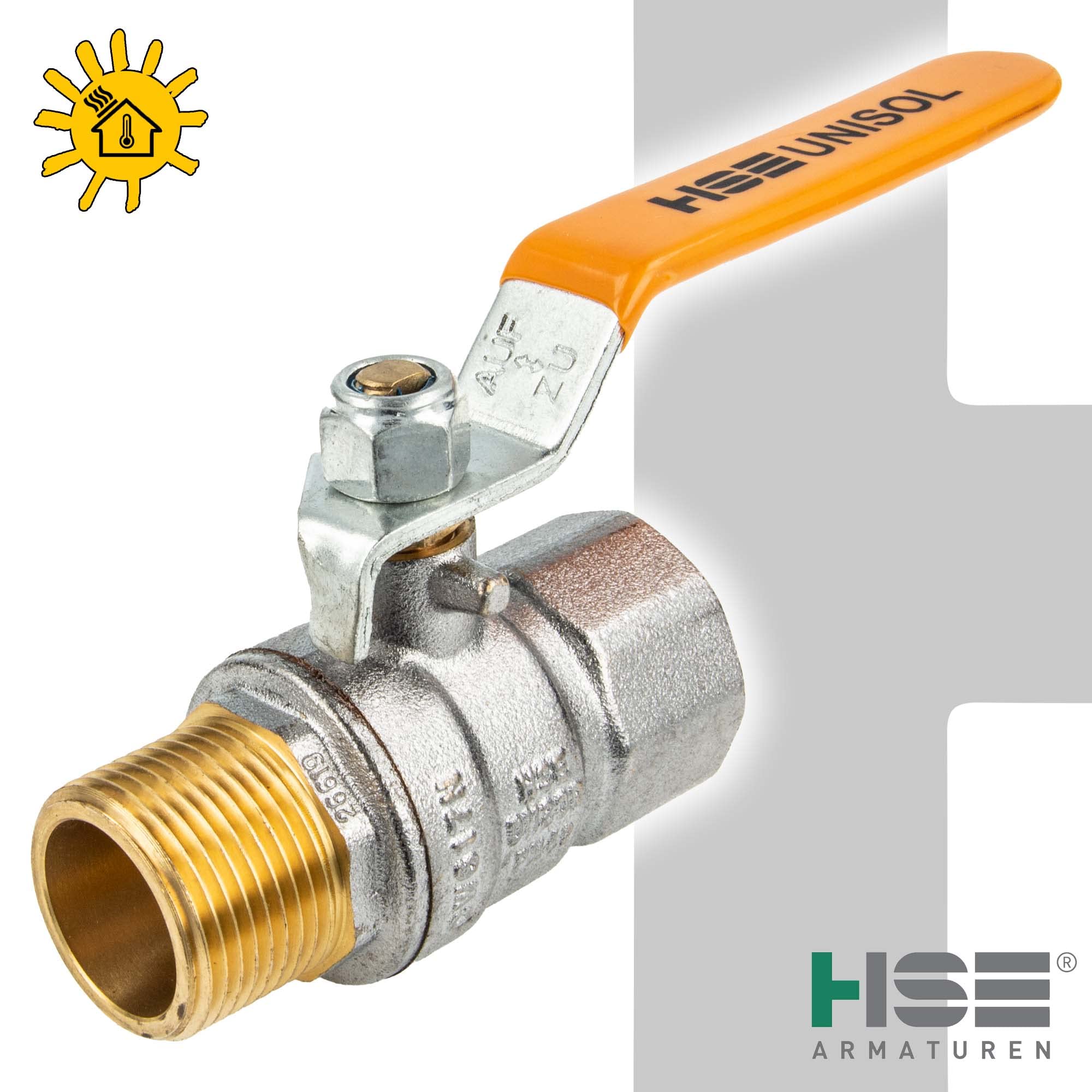 HSE UNISOL Solarkugelhahn Typ 1614, Innen- x Außengewinde Rp 1 Zoll (DN 25), Stahlhebel lang, MS-verchromt