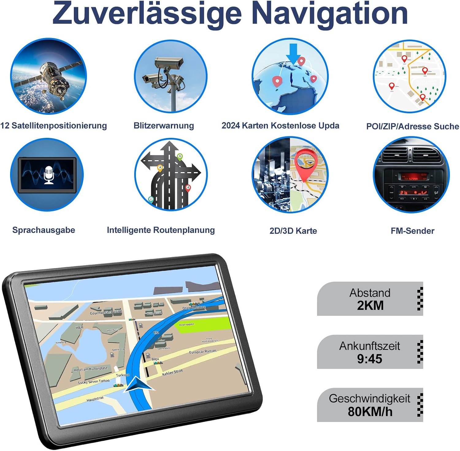 Lehwey GPS screen showing FM transmitter settings and a car dashboard with audio output.
