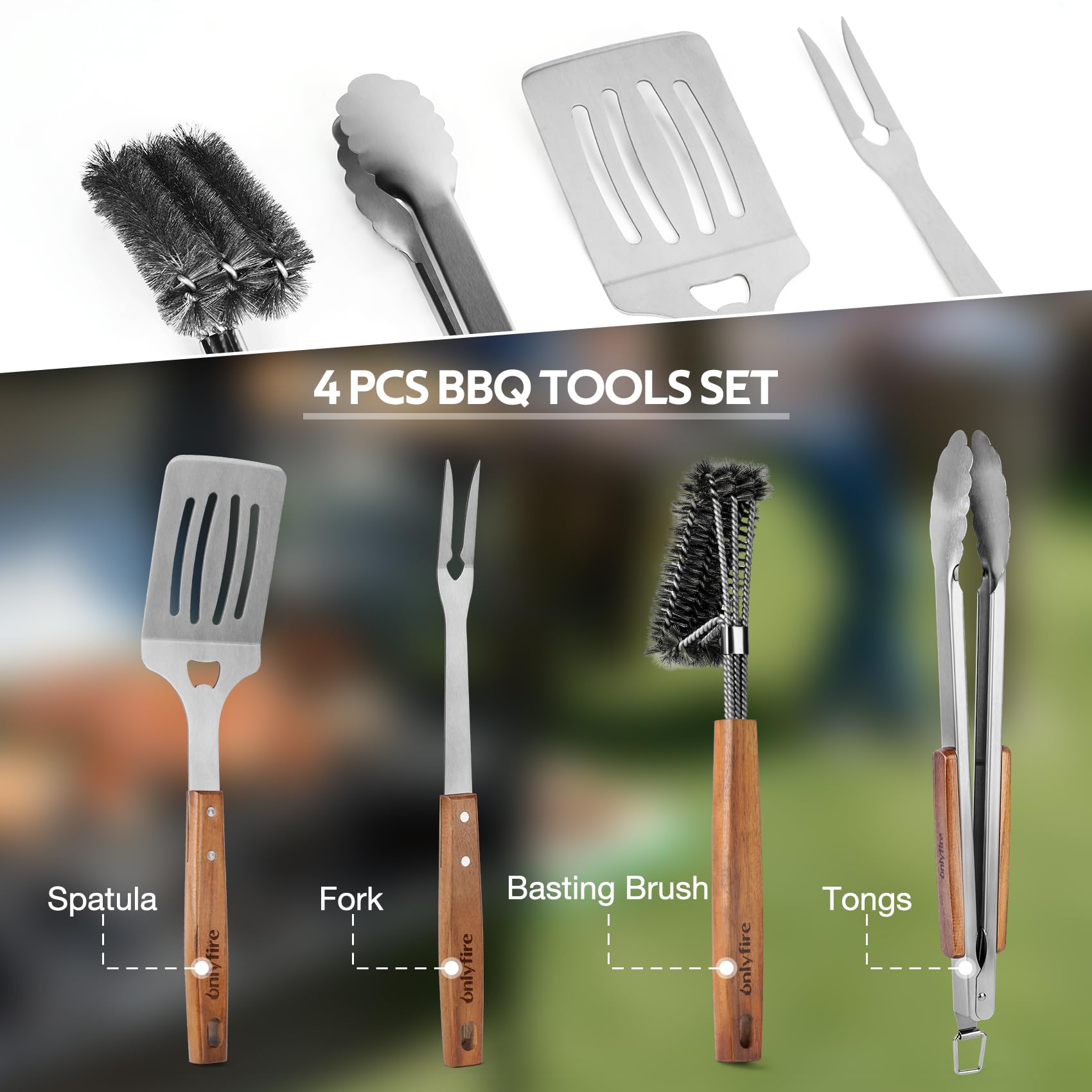 onlyfire Grillbesteck Set 4-TLG, Grill Zubehör Set Enthält Grillzange, Grillwender, Fleischgabel und Grillbürste mit Extra-Langen Holzgriffen & Aufhänge-Ösen, Grillzubehör aus Edelstahl & Akazienholz