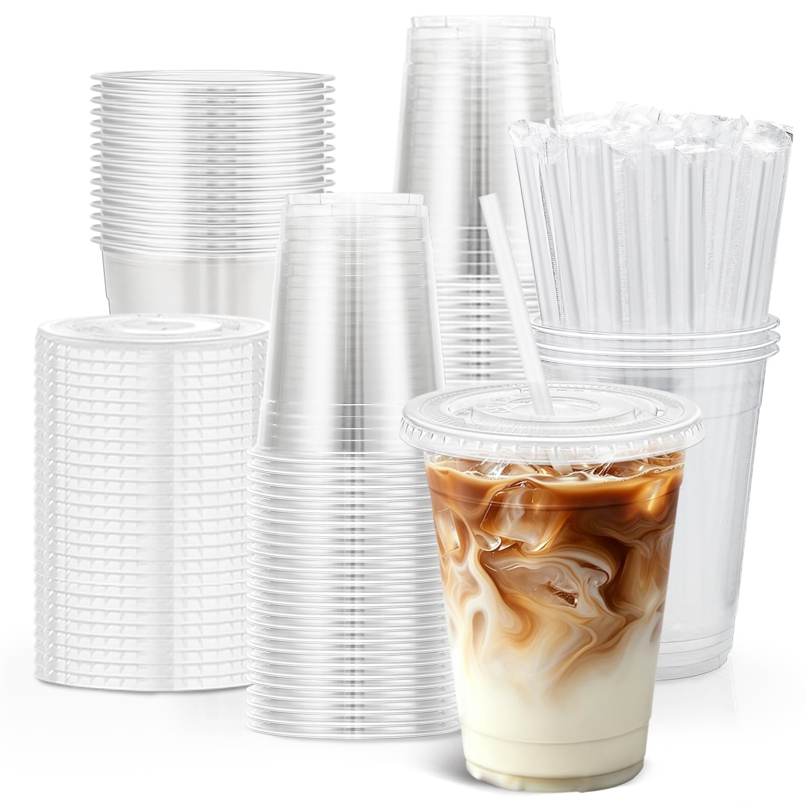 Clawsoff 100 Pack 16 oz Disposable Clear Plastic Cups with Lids and Straws — Amazon image 9
