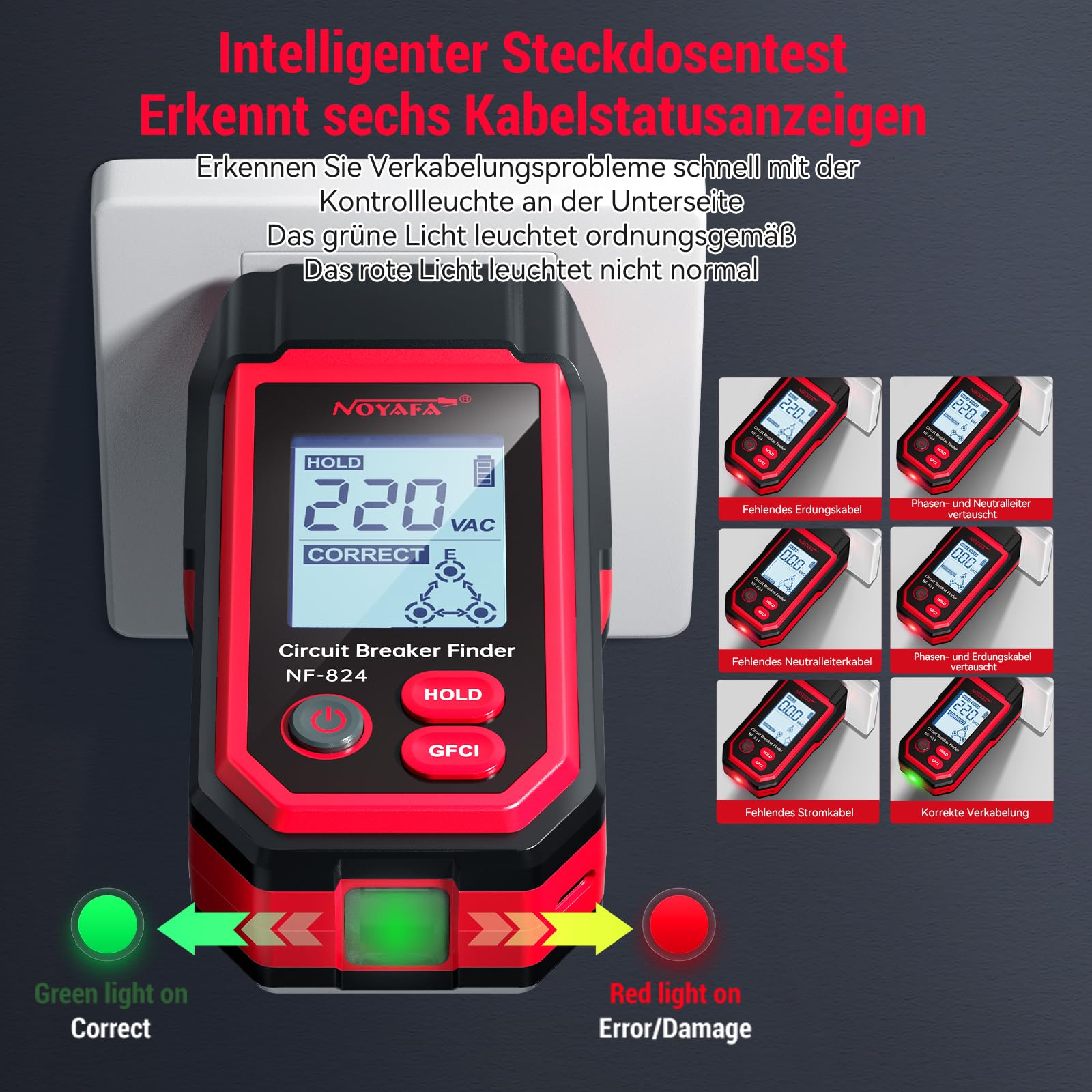 NOYAFA NF-824 Steckdosentester, Sicherungsfinder, Leistungsschalterfinder mit LCD-Display, berührungsloser Spannungsprüfer mit 240V Schuko-Steckdosenprüfer, NCV-Phasenprüfer, Kabelfinder/Stromprüfer