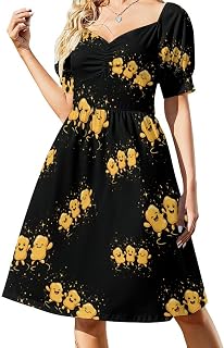 Chicken Nuggets Happy Dance Midi Dresses for Women V Neck Puff Short Sleeve Sundress