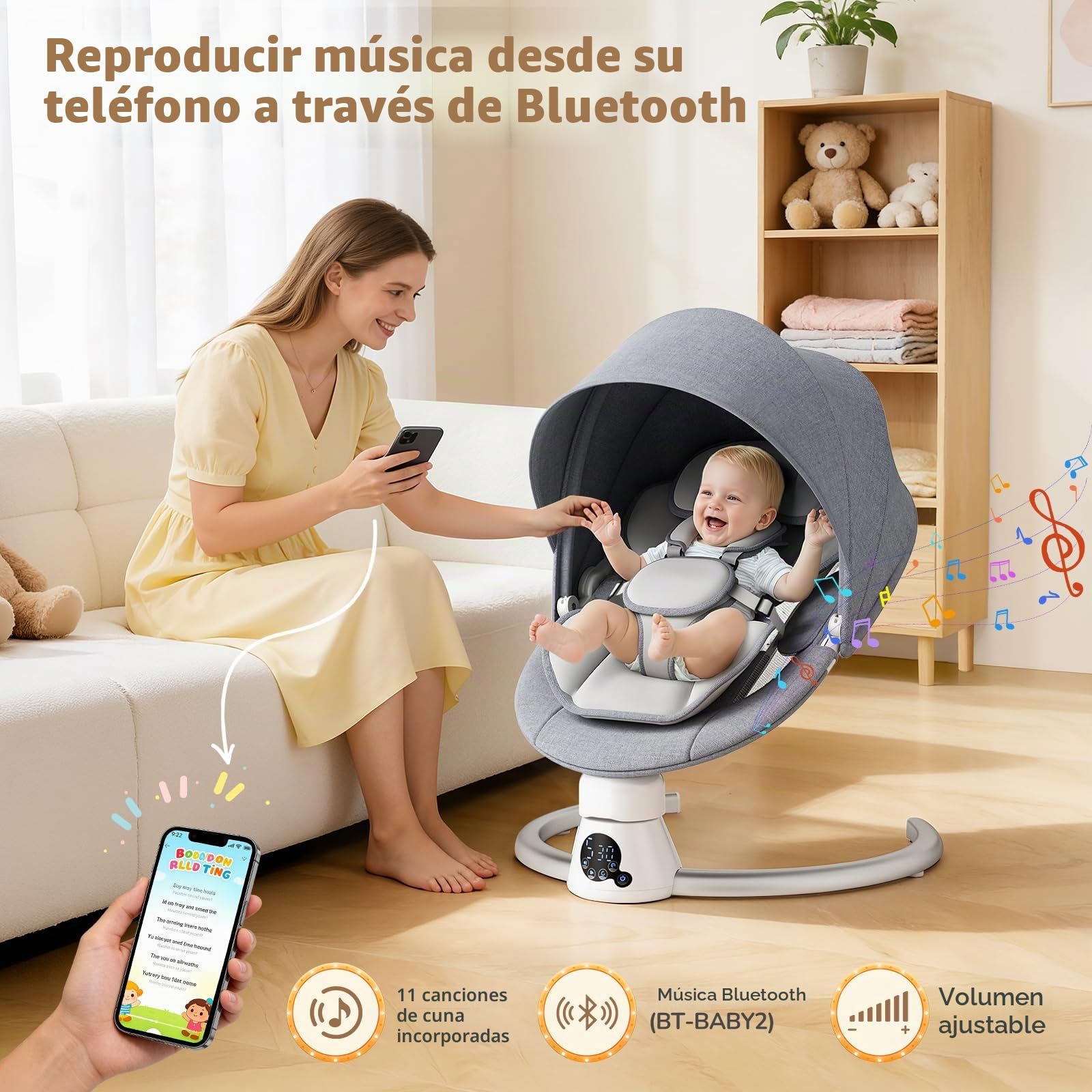 Hamaca Eléctrica para Bebé con Mando a Distancia y App,Mecedora con 5 Velocidades de Balanceo,3 Temporizadores,Arnés de 5 Puntos,2 Posiciones del Asiento,Silla Mecedora para 0-9 kg de Bebé-Gris