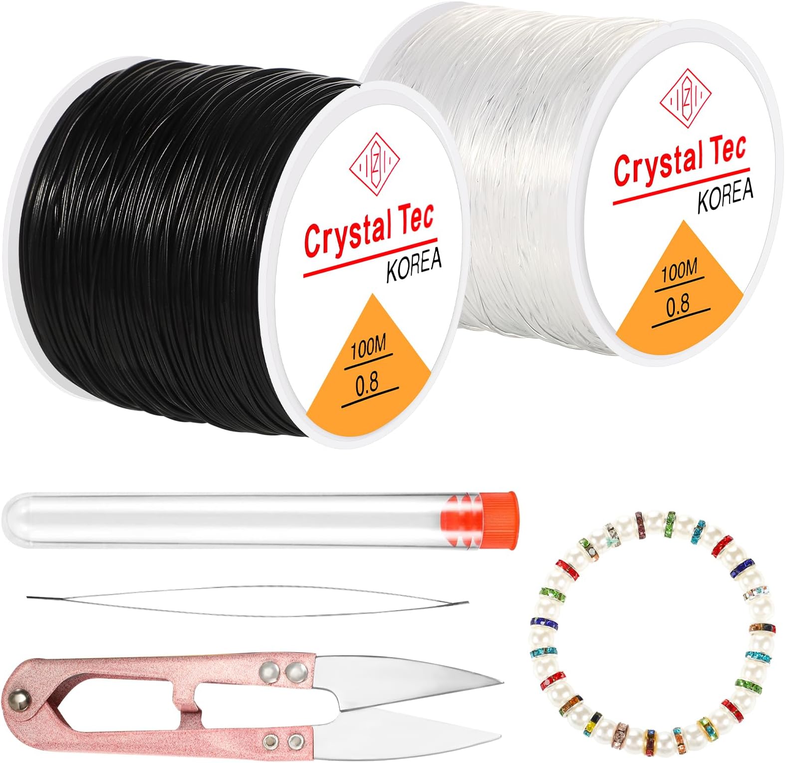 0.8mm Elastic Bead Cord, 2Rolls Black and Clear Elastic String Stretchy String with Beaded Needle and Scissors for Bracelets Making Hanging Decoration