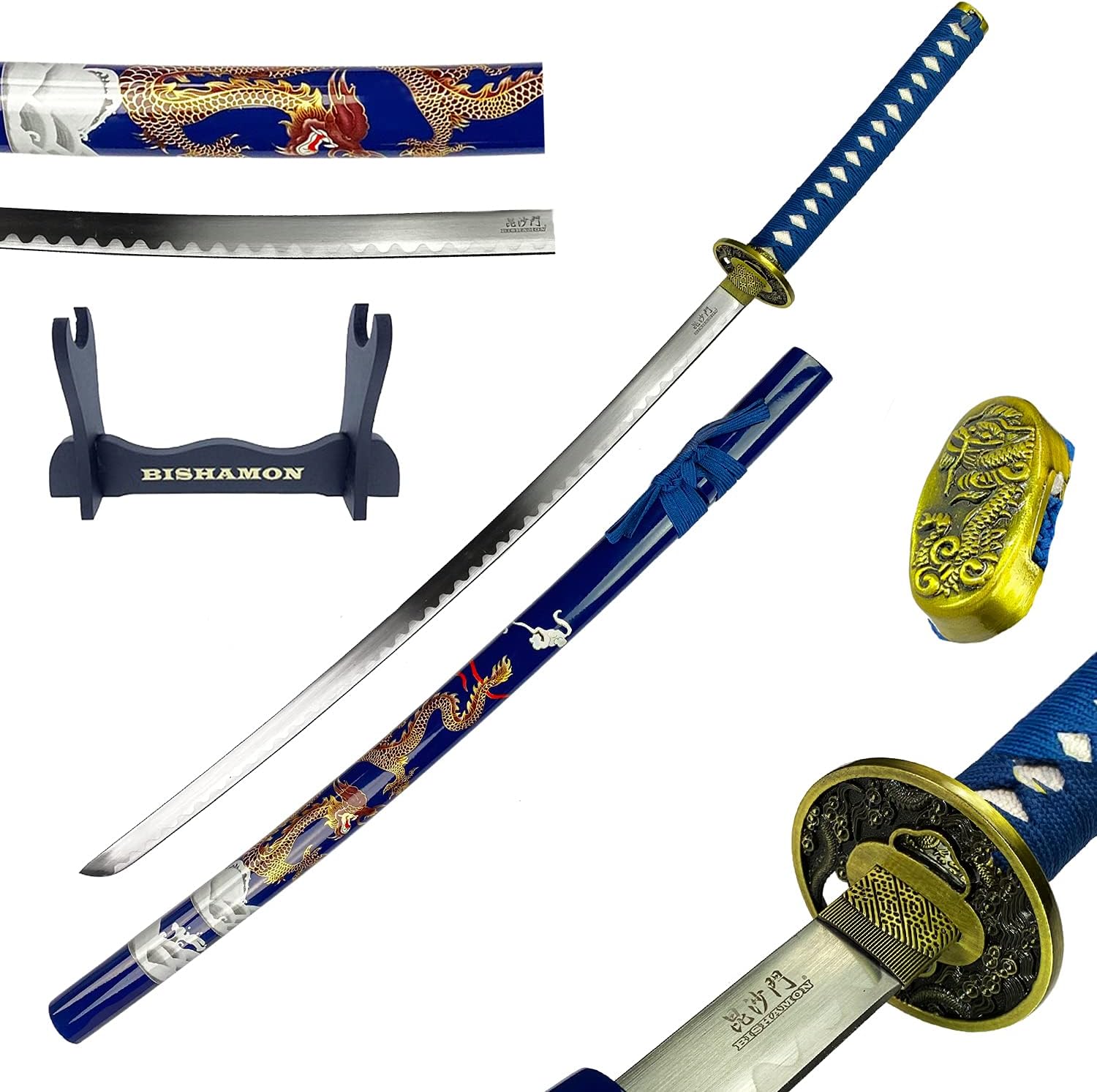 42 1/2" Samurai Sword Carbon Blade Dragon Scabbard Comes with a Wooden Stand