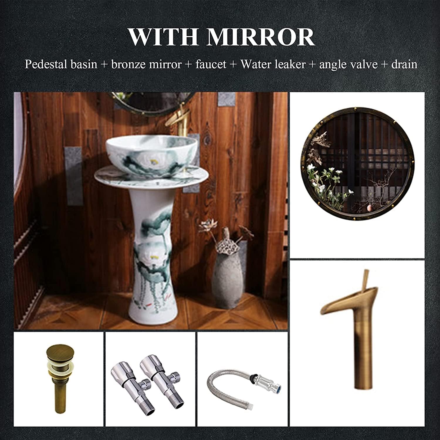 Full Pedestal Art Bathroom Basin Sink freestanding Pedestal Bathroom Sink Pedestal Hard and use (Color : K Size : No Mirror (Q No Mirror)) (V with Mirror)