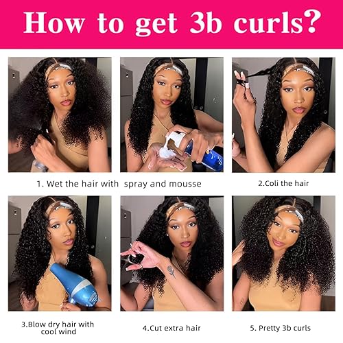 Miniatura 5 de Peluca de cabello humano rizado con diadema para mujeres negras, pelucas de cabello humano sin pegamento de 20 pulgadas, sin encaje frontal,