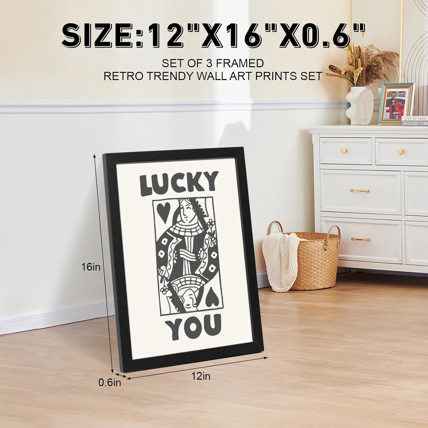 Poker Wall Art Set of 3 Framed Posters - 12x16 Inch Queen of Hearts Print, Lucky You Retro Decor for Game Room, Man Cave, Bar Wall Decor, Farmhouse Vintage Style with Pre-Installed Hanging Hardware（Black）