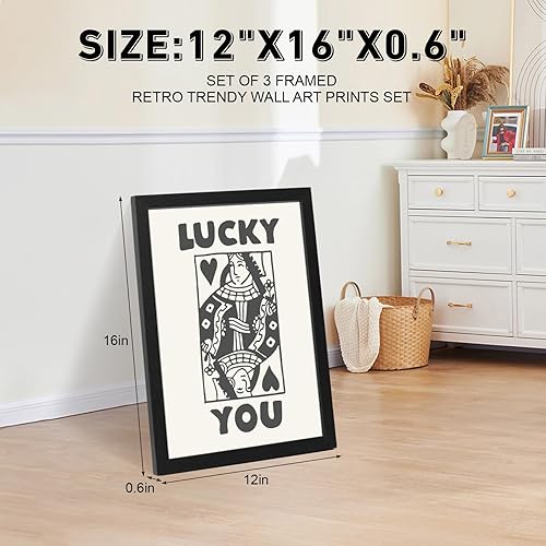 Miniatura 3 de Juego de 3 pósteres enmarcados de póquer para pared, 12 x 16 pulgadas, impresión de reina de corazones, decoración retro Lucky You para sala de