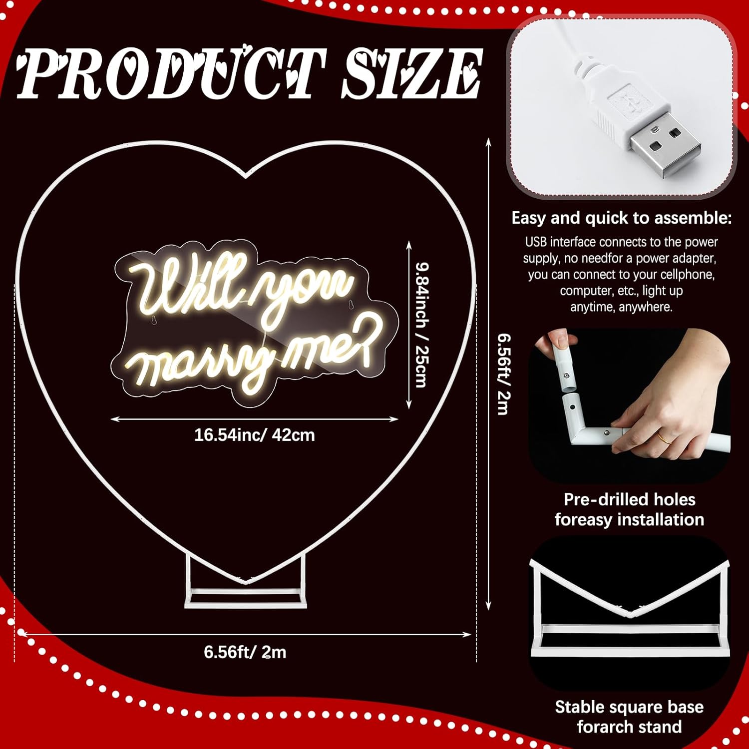 Proposal Decorations Kit Will You Marry Me LED Neon Light Metal Heart Stand Carpet 2000 Rose Petals 30 Artificial Roses for Proposal Wedding Bridal Valentine Engagement Birthday Party(Red)