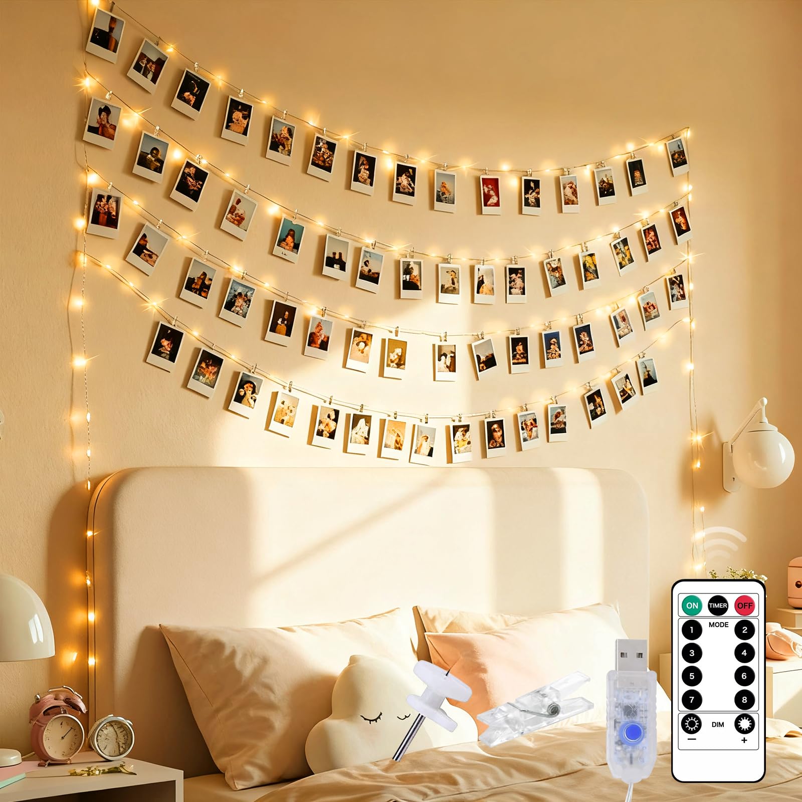 Liyade 10M 100LED Fotoclips Lichterkette, USB Fotolichterkette, 8 Lichtmodi, Fernbedienung & Dimmbar Lichterkette mit 60 Klammern für Zimmer Deko, Hochzeit, Weihnachten, Geburtstag, Wanddeko