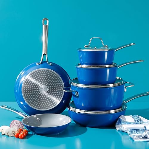 Miniatura 6 de Sur La Table Kitchen Essentials - Juego de ollas y sartenes de cerámica de titanio antiadherente, 10 piezas, sin PFA, color azul, compatible con