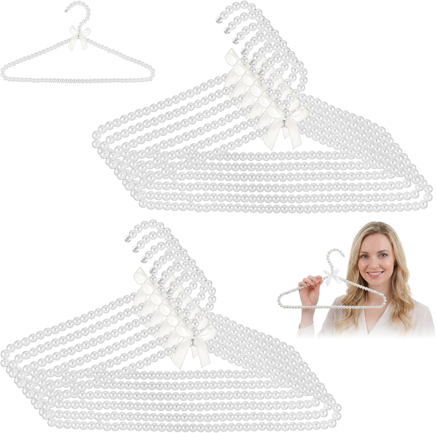 12 PCS Pearl Hangers, 15.5 Inch Pearl Beaded Clothes Hangers with Ribbon Bowknot Elegant Wedding Dress Hanger Metal White Pearls Clothes Hanger for Women Bride Wedding Dress Coat Shirt