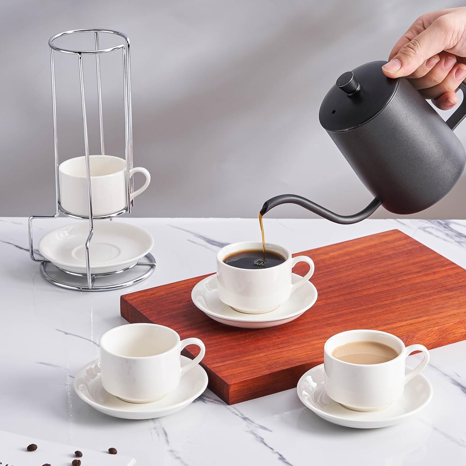 2.5oz Espresso Cups Set of 4, Small Stackable Coffee Cups with Saucers and Metal Stand, Ceramic Demitasse Cups, Cappuccino Cups for Coffee Drinks, Latte, White