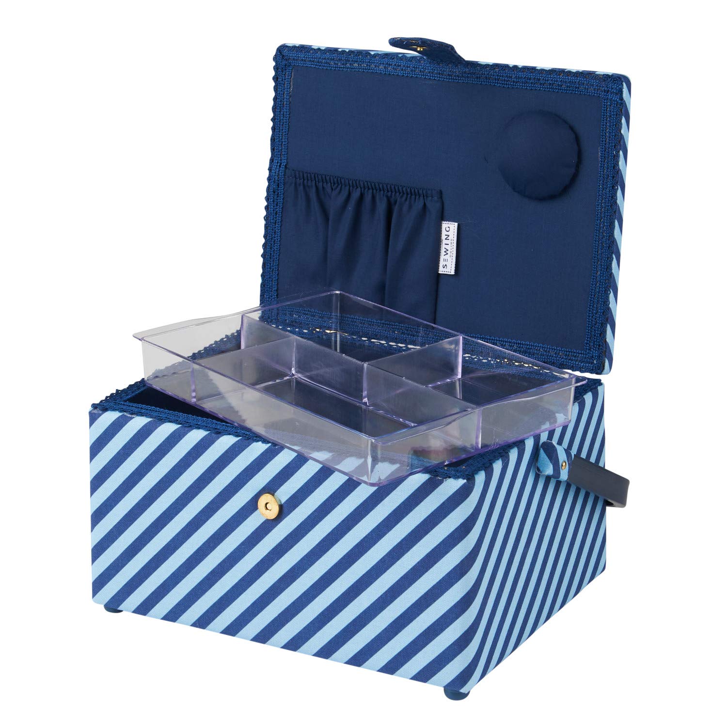 Scatola da cucito media con scomparti in tessuto a righe blu con coperchio a cuore con bottone ricamato. 18,5x26x15 cm. Cucito in linea GA1112M