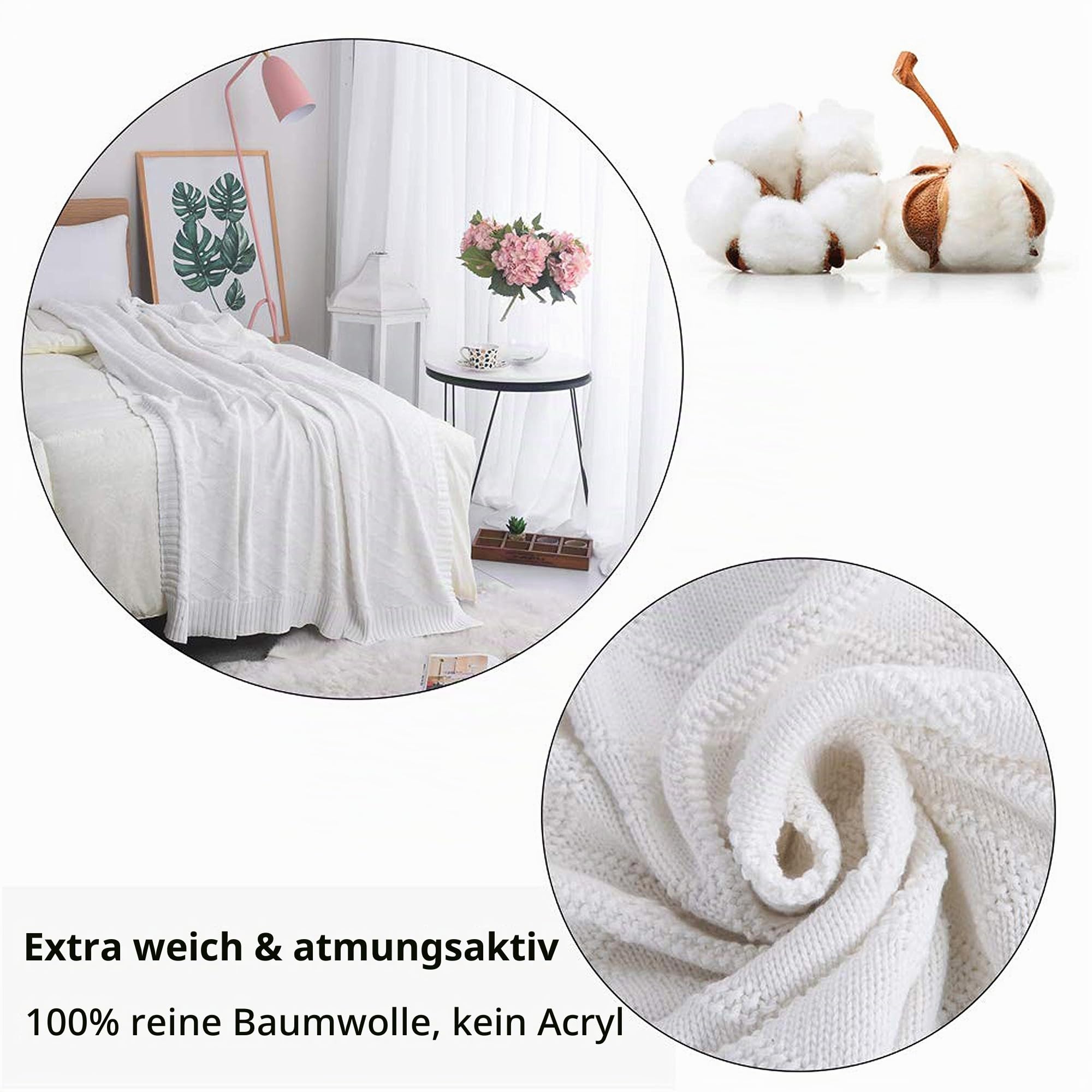 Shaddock Fishing Baumwolle Gestrickte Decke 4 Jahreszeiten Bettdecke- 130x180cm Ultra Weiche überwurf Decke Wohn-Kuscheldecke für Baby Couch Bett Sofa Stuhl Auto Büro (Rautenmuster, Weiß)