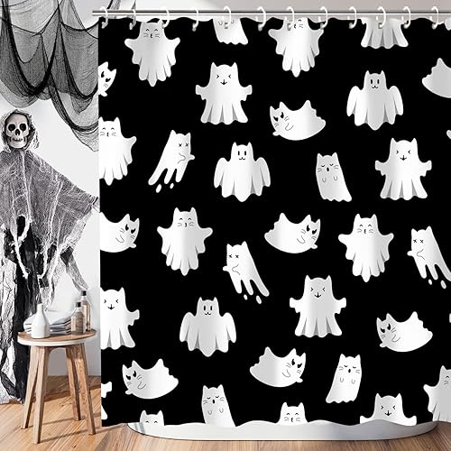 Bonita cortina de ducha de Halloween con 12 ganchos, impermeable, espeluznante, fantasma, gato, cortina de baño, decoración de cortina de baño,