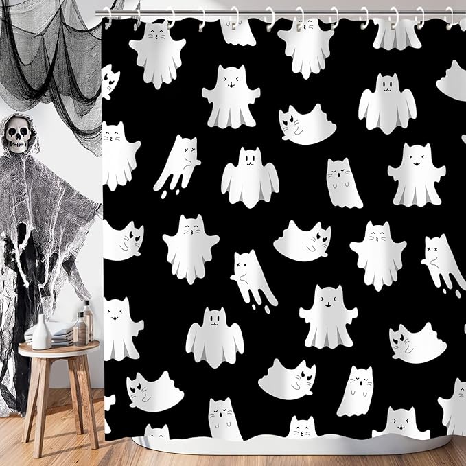 Cute Halloween Shower Curtain with 12 Hooks, Waterproof Spooky Ghost Cat Shower Bathroom Curtain Decor, Funny Halloween Shower Curtains for Bathroom, Black, 72x72 Inch