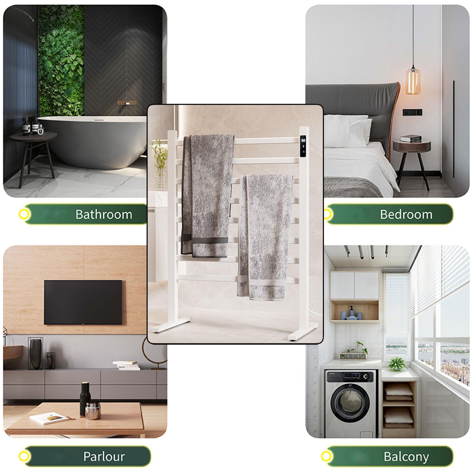 Scaldasalviette Elettrico Bianco, con Spina e Timer, a Riscaldamento rapido per la casa, con stendibiancheria Elettrico Indipendente.