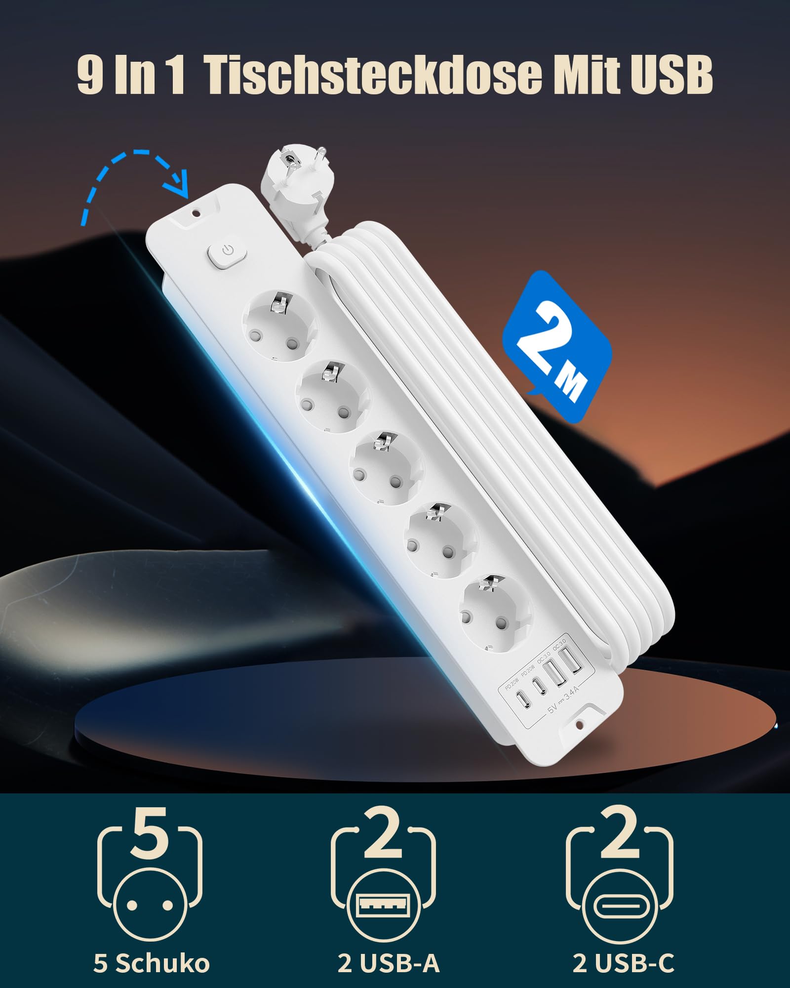 Ciabatta elettrica commutabile singola, presa elettrica a 5 prese, con USB, presa multipla 9 in 1 con cavo da 2 m (bianco)