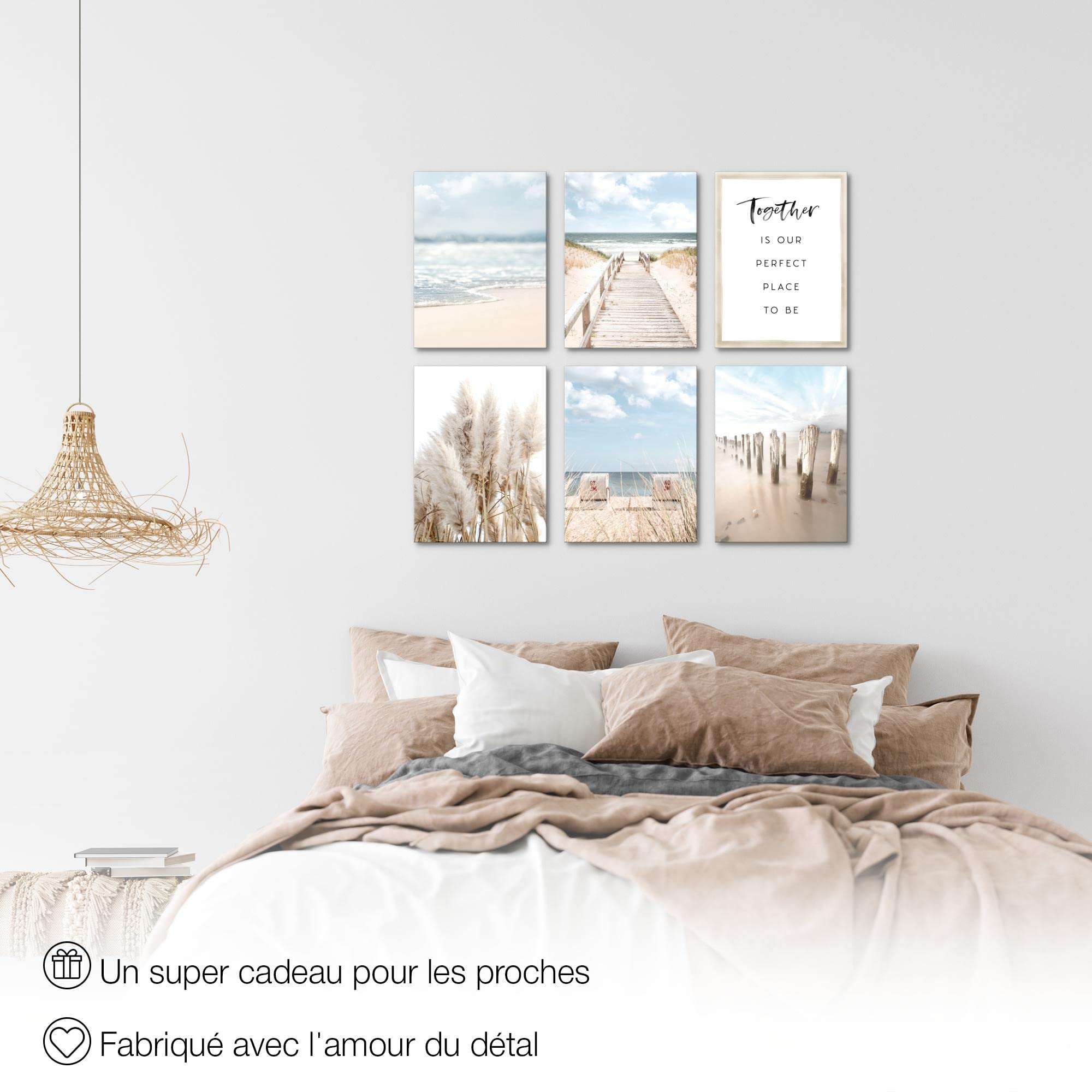 Novart- Tableau Décoration Murale- Plage et Mer- Decoration Chambre Salon- Prêt à être Accroché- 6 Cadres de 30x40 cm- Beige- N007865a