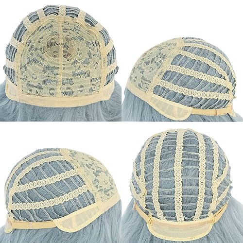 Miniatura 5 de ANOGOL Gorra de pelo pelucas azules con flequillo peluca larga y recta con 3 colas de caballo peinados de flecos para anime cosplay peluca para