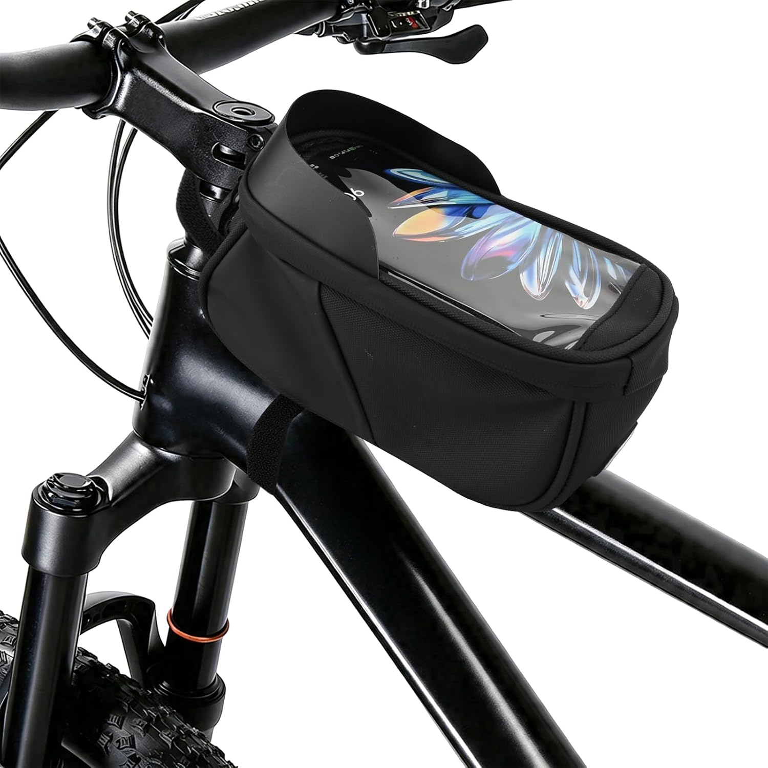 Bike Frame Bag with PU Leather, 1.5L Large Bicycle Front Bag, Capacity Mountain Bike Phone Holder Bag with Rain Cover, Bike Accessories for Phones Under 7"