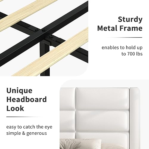 Miniatura 5 de Base de cama Queen con cabecero tapizado y luces LED, moderno marco de cama de piel sintética con soporte de listones de madera y base de colchón