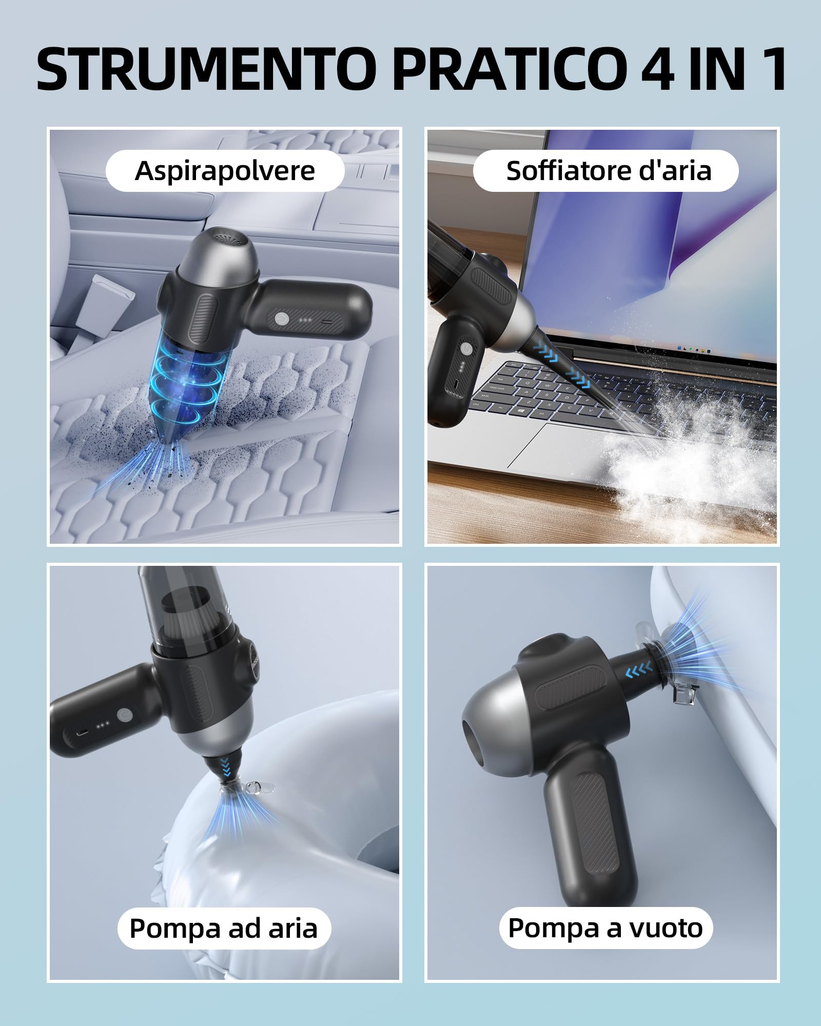 EBOSSOM Aspirapolvere Portatile Senza Fili, 12KPA Aspirabriciole Potente,4 in 1 Mini Aspirapolvere Auto Senza Fili,USB-C Ricaricabile Aspirapolvere Piccolo per Auto,Ufficio,Pulizia Cas(Nero,12KPA)