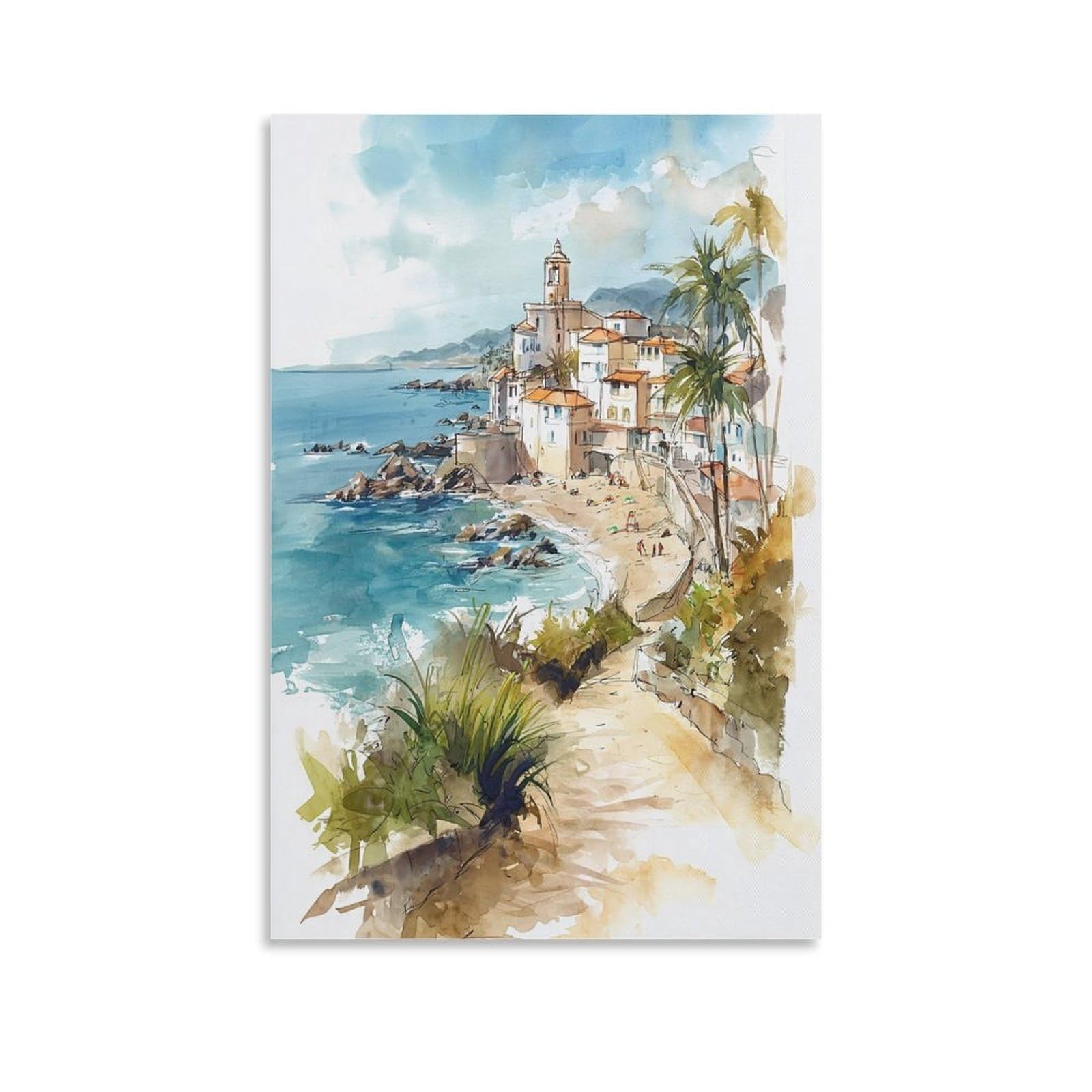 Cnaheiz Unframe-Style San Juan Puerto Rico Watercolor Painting_ Tropical Travel Art 08X12inch(20X30cm) Vintage Watercolor Canvas Art