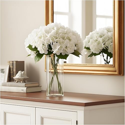 Artificial Hydrangea with Ribbed Glass Vase, 4 Stems, 12" | White, Real Touch Latex Faux Flowers, 10" Bloom Dia, Maintenance Free, for Table Centerpiece, Home Wedding Office Decor