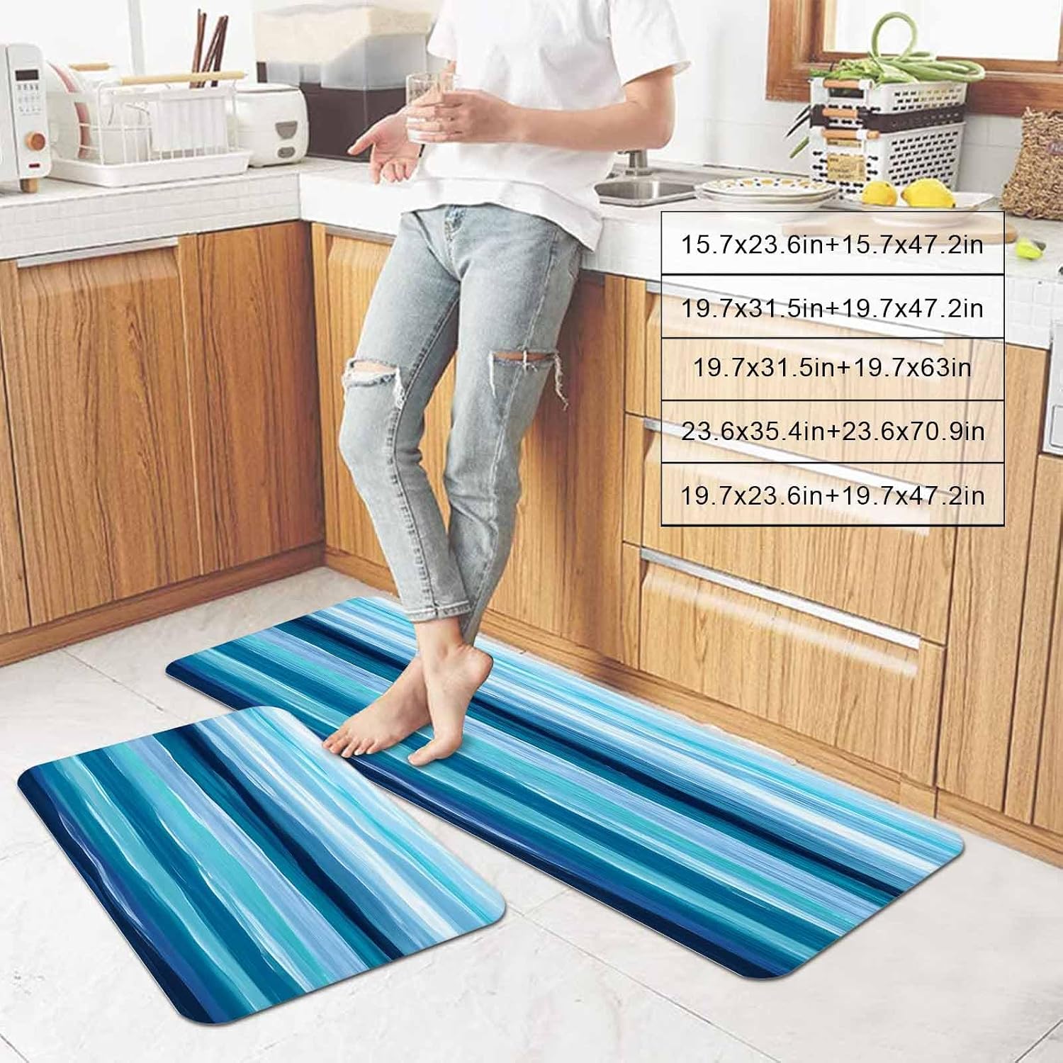 Prime Leader Abstract Ocean Kitchen Mat Set 2 Pieces Watercolor Ombre Wave Stripe Blue Theme Non Slip Kitchen Rugs Washable Runner Rug Mats for Sink Laundry (19.7" x 31.5"+19.7" x 47.2")