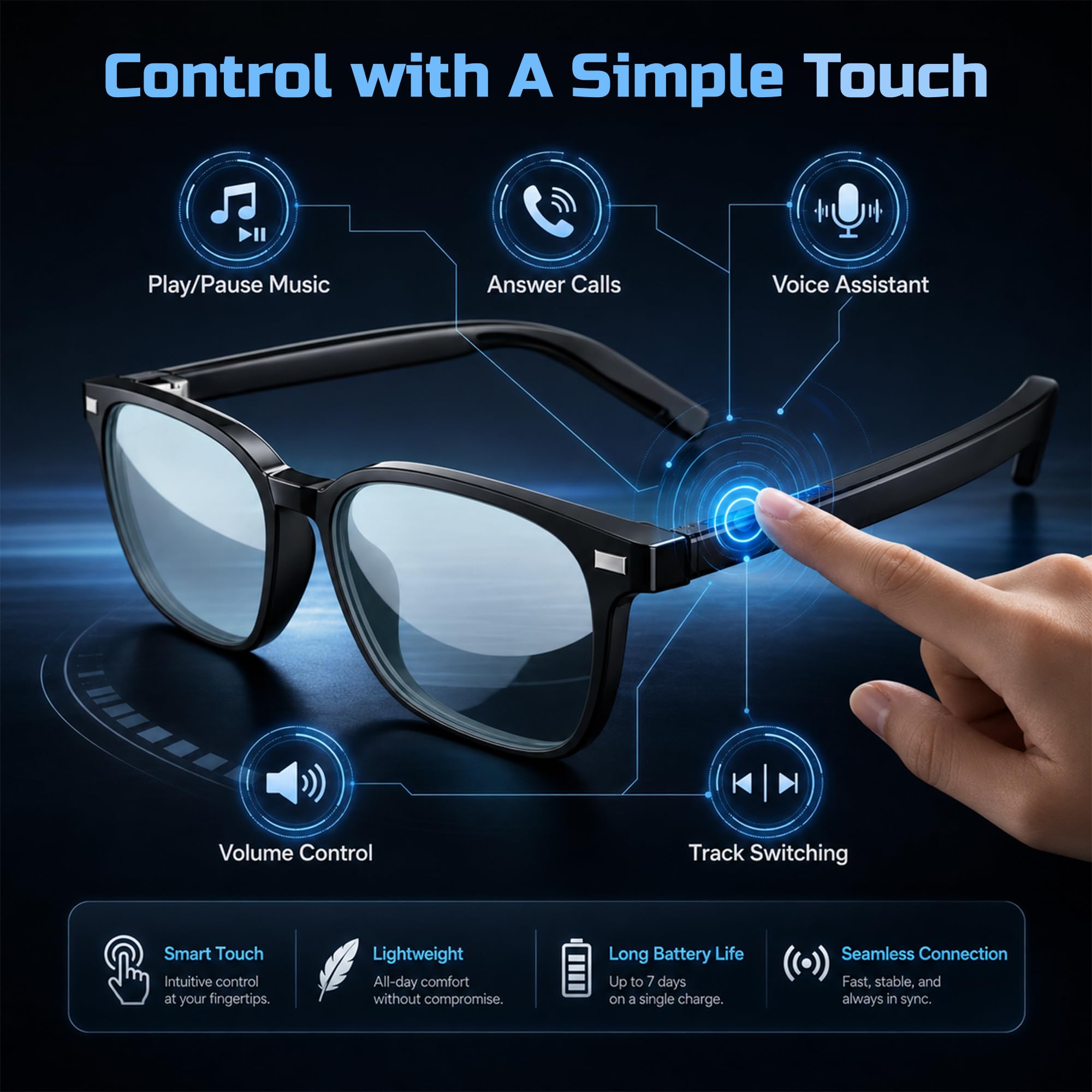 Gafas inteligentes con audio Bluetooth, lentes fotocromáticas y antiluz azul, gafas de sol UV400, control táctil, marco TR90 impermeable