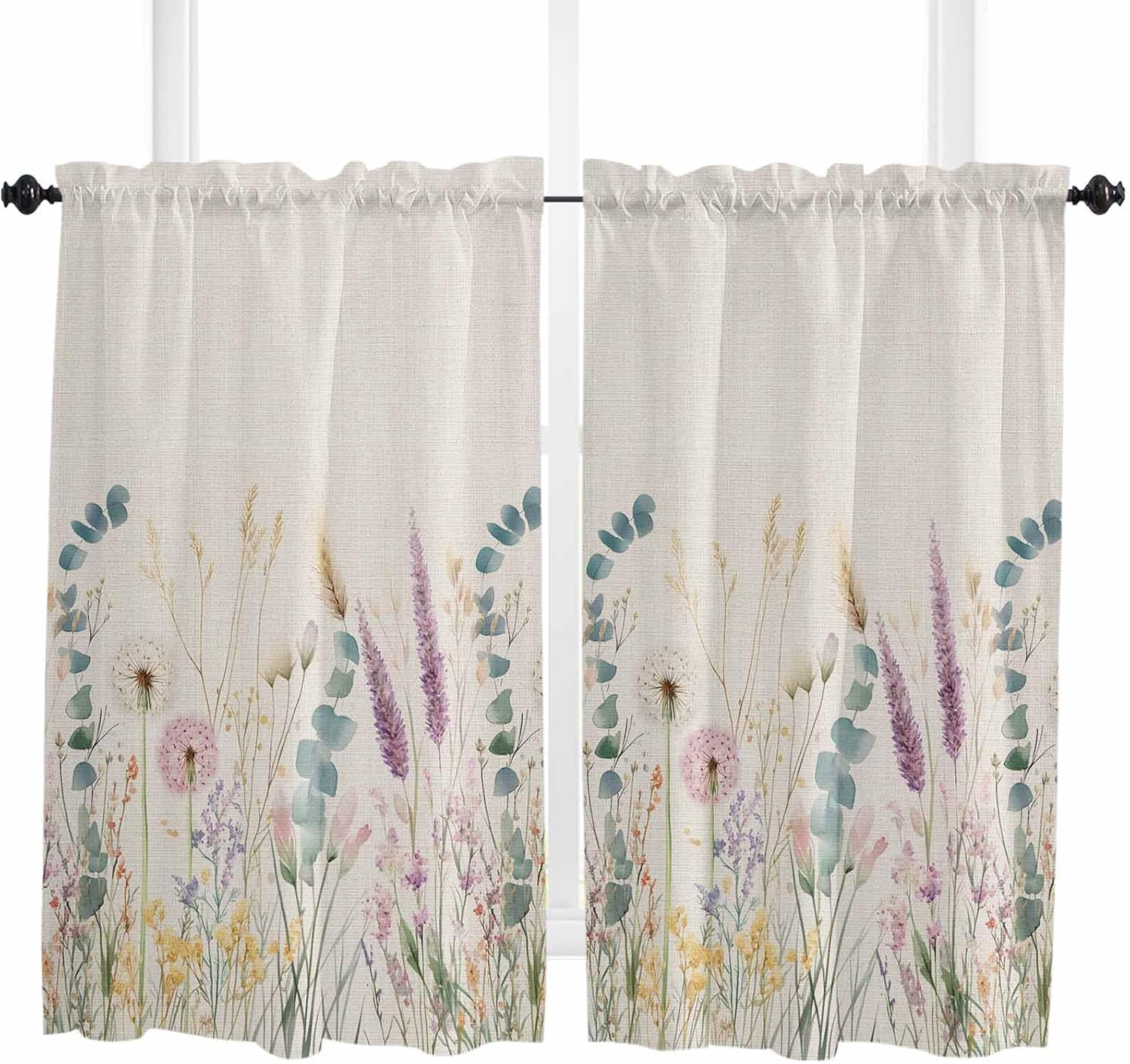 Lavender Eucalyptus Kitchen Curtain 24 Inch Length Small Short Cafe Tiers Curtains Drape, Pastoral Spring Leaves Flowers Window Treatment Rod Pocket Curtains Drapery Panels, 55x24