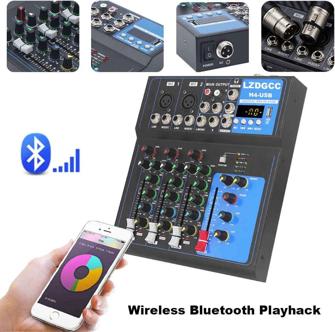 Professional Audio Mixer, 4 Channel DJ Mixer Board, Bluetooth Portable Audio Mixer Board, USB DJ Mixer Board with 48v Phantom Power, DJ mixers Sound Board for Live Show Streaming Music Stage Karaoke