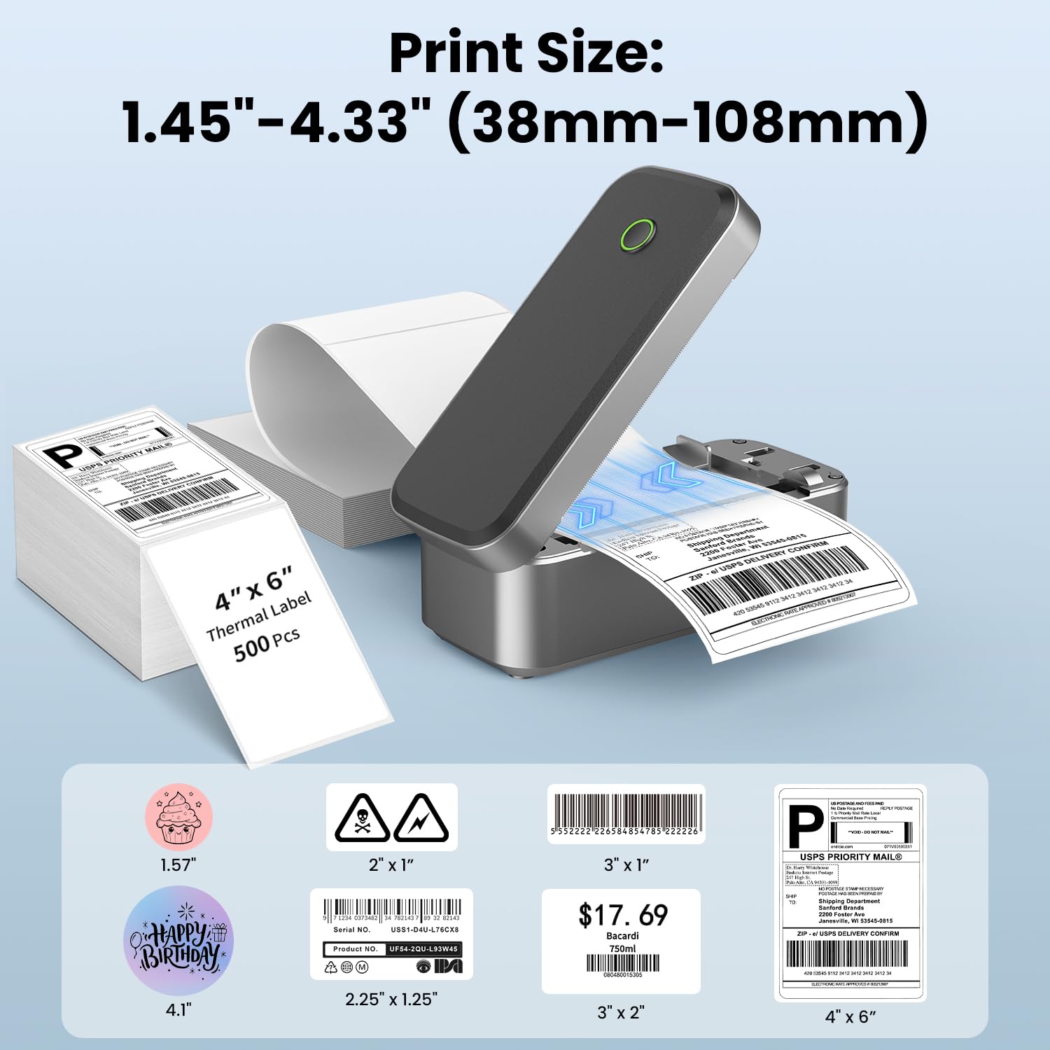Drukarka etykiet Bluetooth, drukarka termiczna DHL 4 x 6, druk etykiet, do iOS, Android, Windows i Mac, kompatybilna z Shopify (czarna ze srebrnym połyskiem)