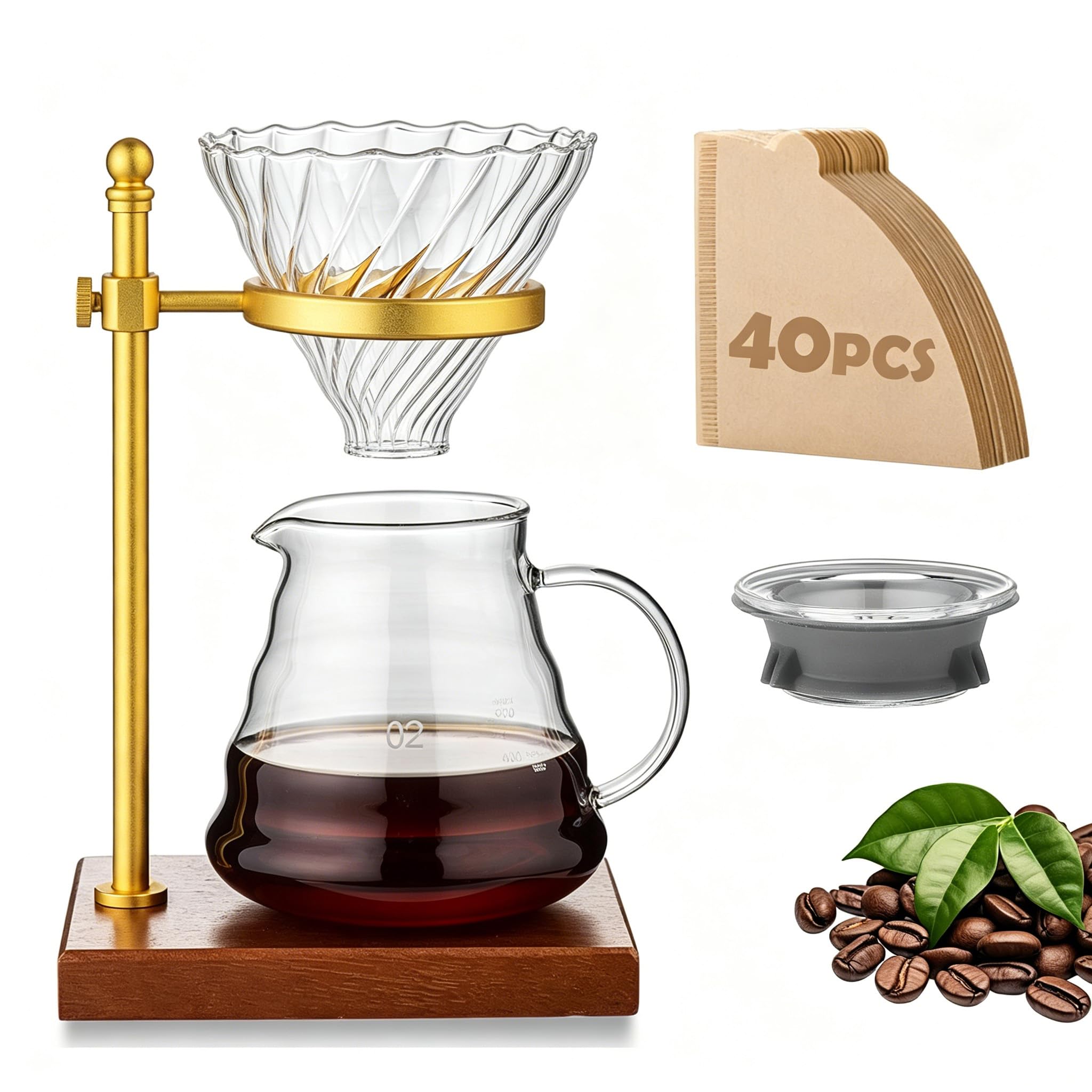 Pour Over Coffee Maker Set – Glass Coffee Dripper with Stainless Steel Stand, Wooden Base…