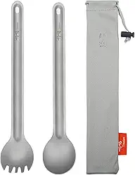 TiTo Titanium Talheres Portabale Ultraleve Ecológicos de Cabo Longo para Acampamento ao Ar Livre, Mochilão, Caminhadas, Viagem, Piquenique, Talheres com Bolsa (2 Peças Jateamento de Areia)