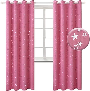 BGment Kids Blackout Curtains for Bedroom - Grommet Thermal Insulated Silver Star Print Room Darkening Curtains for Living Room, Set of 2 Panels (52 x 84 Inch, Pink)