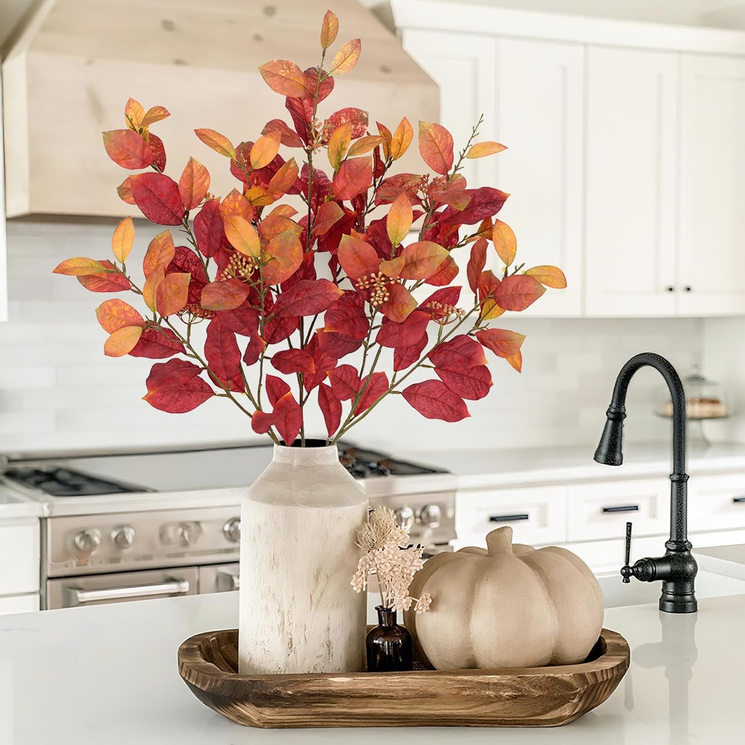 32" Artificial Fall Burning Bush Leaves Stems for Autumn Decor, 3 Pcs Fake Euonymus Leaf Greenery Branches with Flower Seeds for Floral Arrangements, Thanksgiving & Wedding Centerpiece, Flame Red - Image 2