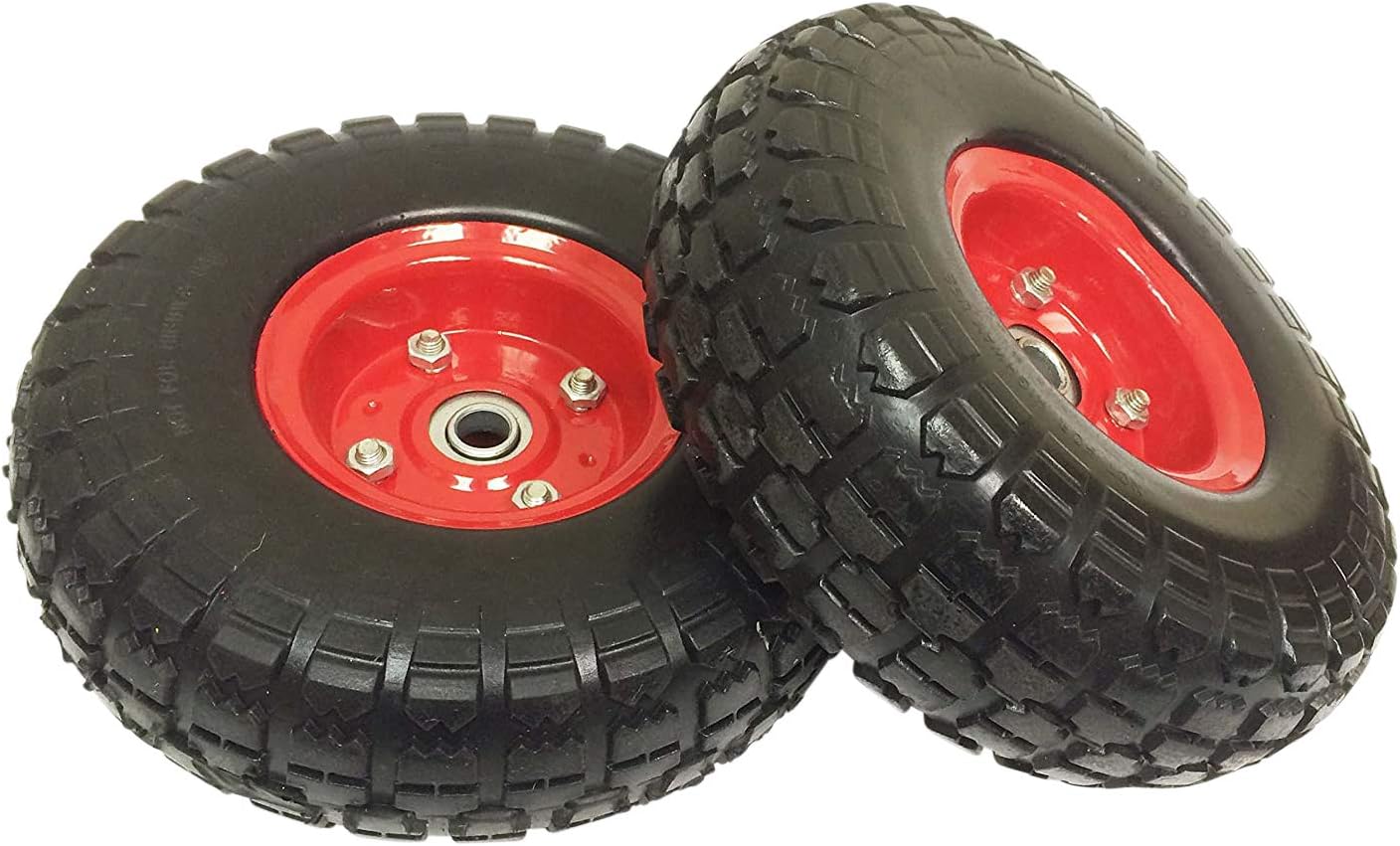 Heavy Duty Flat Free 10 Inch Tire Wheels, Extra Wide for Wagon, Dolly, Hand Truck, and Cart – Pack of 2 (Red)