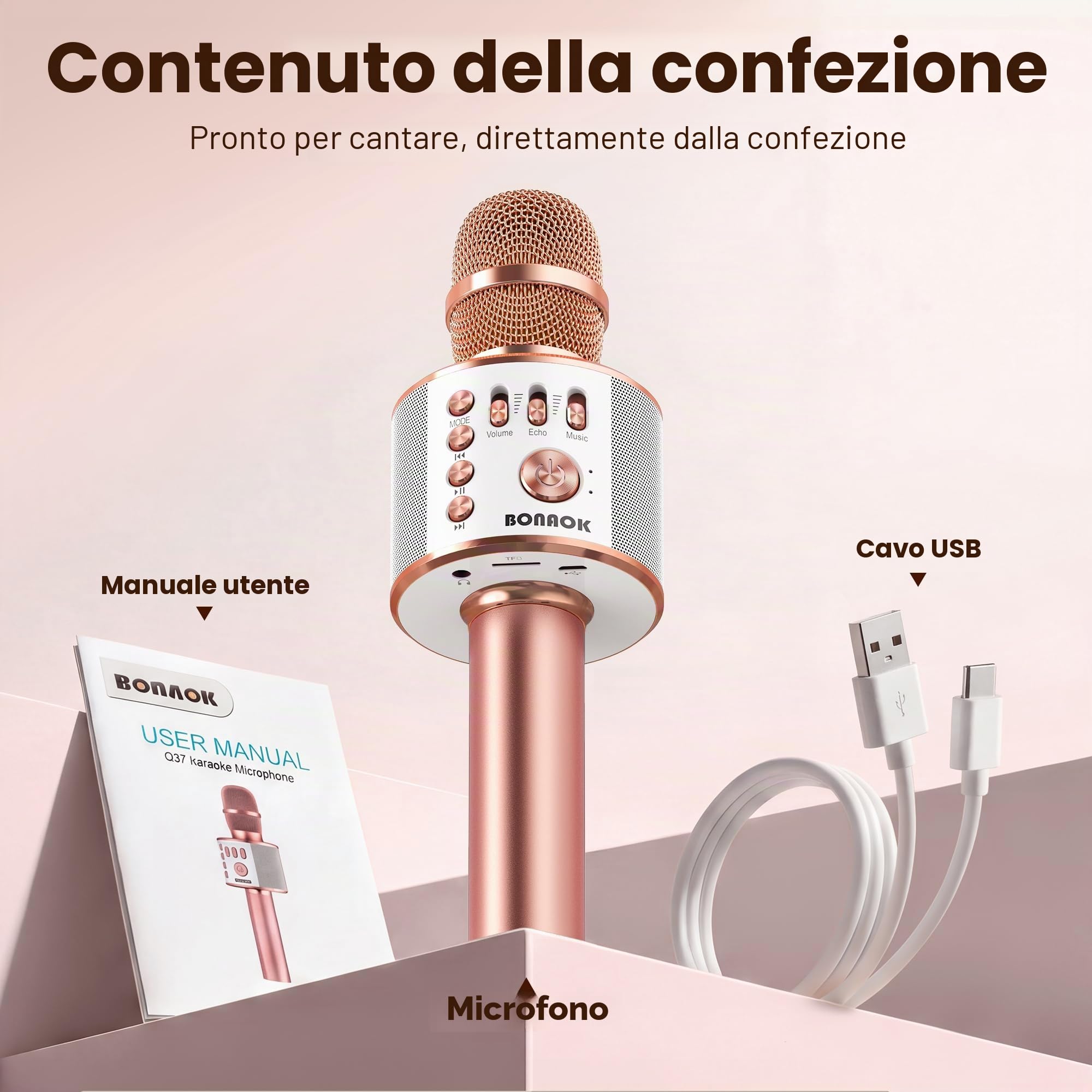 BONAOK Microfono Karaoke Wireless Bluetooth 3-in-1 Palmare Portatile Altoparlante Regalo Compleanno iPhone Android iPad PC Oro rosa